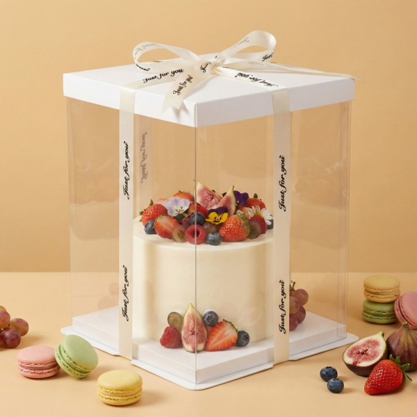 Cutie Tort Crystal Complet Transparentă cu Capac Alb și Panglică Satinată