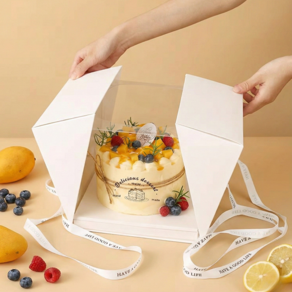 Cutie Tort Înaltă din Carton Alb cu Fereastră Transparentă și Mâner Rezistent – 26x26x25cm