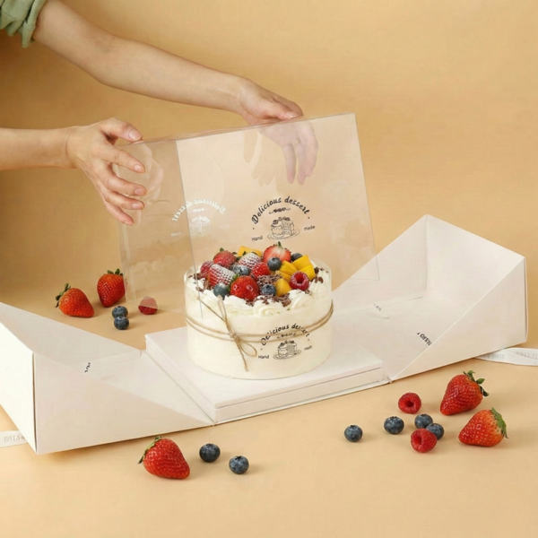 Cutie Tort Înaltă din Carton Alb cu Fereastră Transparentă și Mâner Rezistent – 26x26x25cm